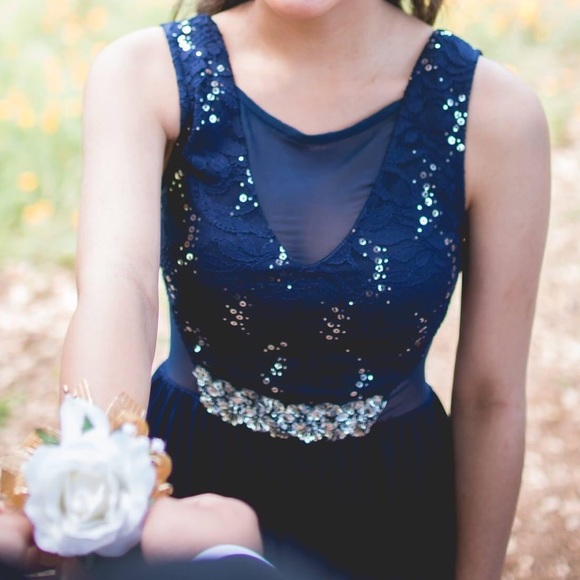 Navy Blue Prom Dress with Sequin Detailing - Picture 3 of 5